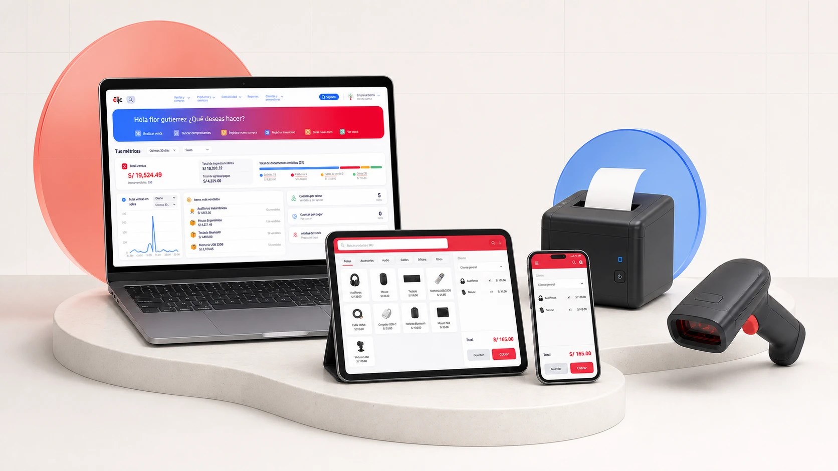 Mockup 3D isométrico con laptop, tablet y celular usando SmartClic, junto con una ticketera térmica y un lector de código de barras